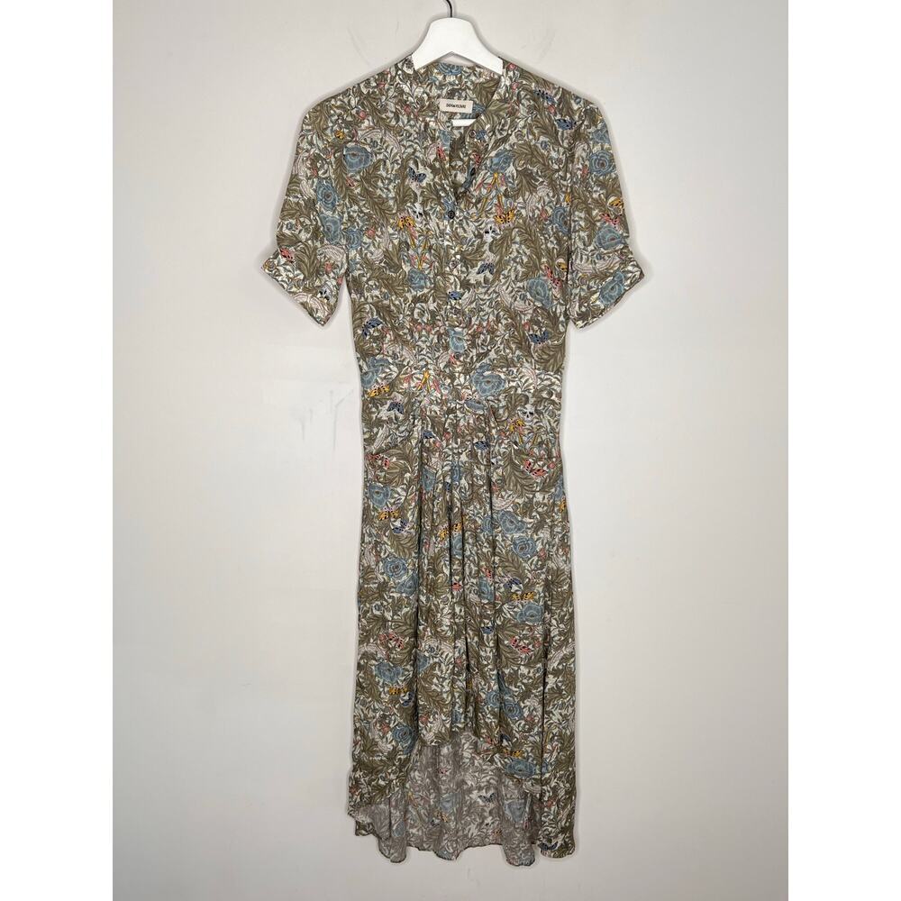 Zadig & Voltaire Rima Skull-Floral Print Hi-Low Midi Shirt Dress Kaki Womens XS - Picture 4 of 15